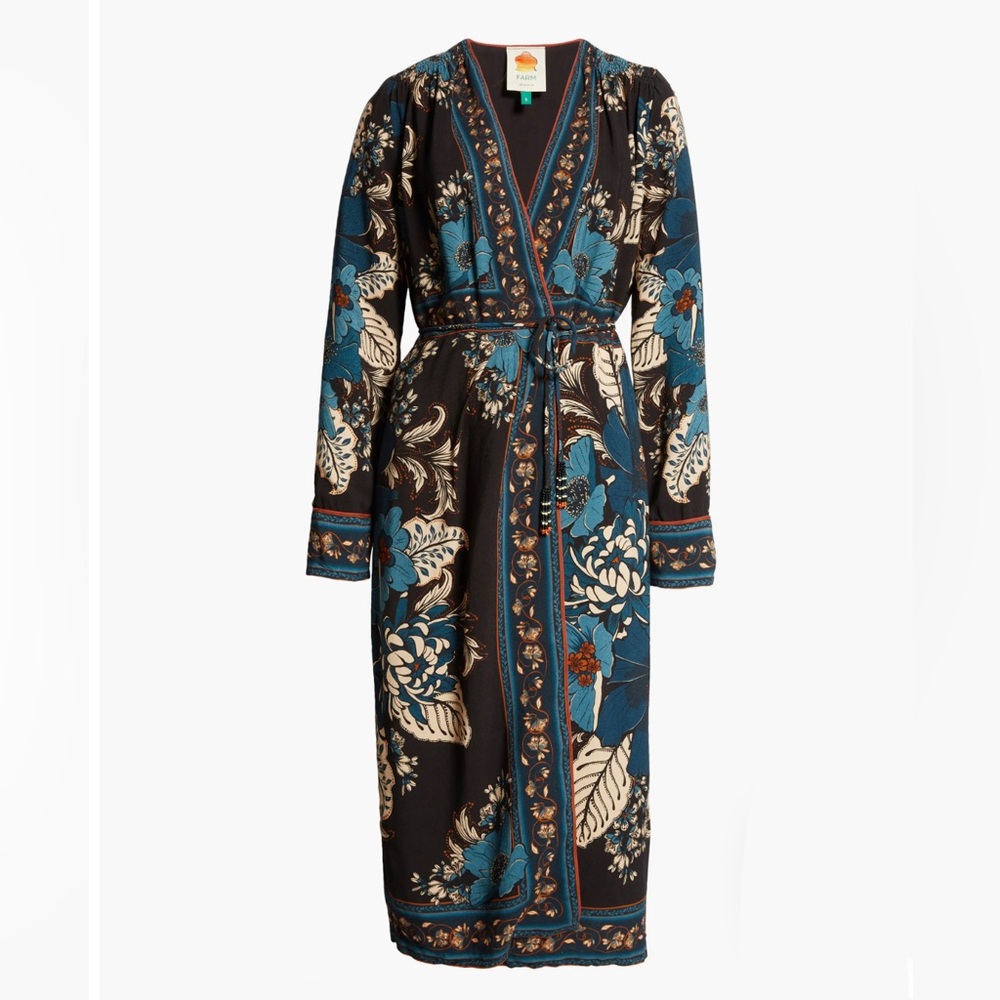 Blue and Navy Blossom Tapestry Long Sleeve Wrap Dress frim Farm RIO